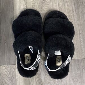 UGG Black Fluffy Sandals